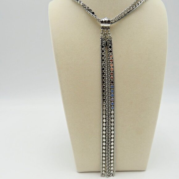 WHBM Silver Tone Multi Strand Y Necklace Tassel Pendant Adjustable Women Jewelry - Picture 1 of 10